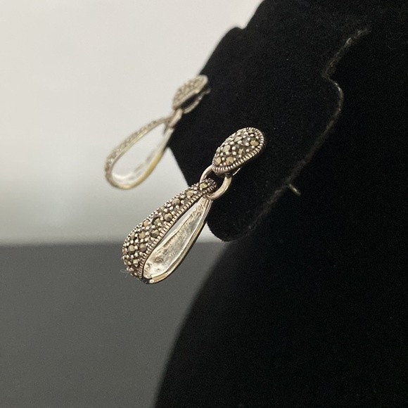 925 Sterling Silver Marcasite Dangle Earrings - Picture 3 of 8